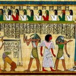 Judgment scene from the Book of the Dead. In the three scenes from the Book of the Dead (version from ~1375 B.C.) the dead man (Hunefer) is taken into the judgement hall by the jackal-headed Anubis. The next scene is the weighing of his heart against the feather of Ma'at, with Ammut waiting the result, and Thoth recording. Next, the triumphant Henefer, having passed the test, is presented by the falcon-headed Horus to Osiris, seated in his shrine with Isis and Nephthys. (British Museum)